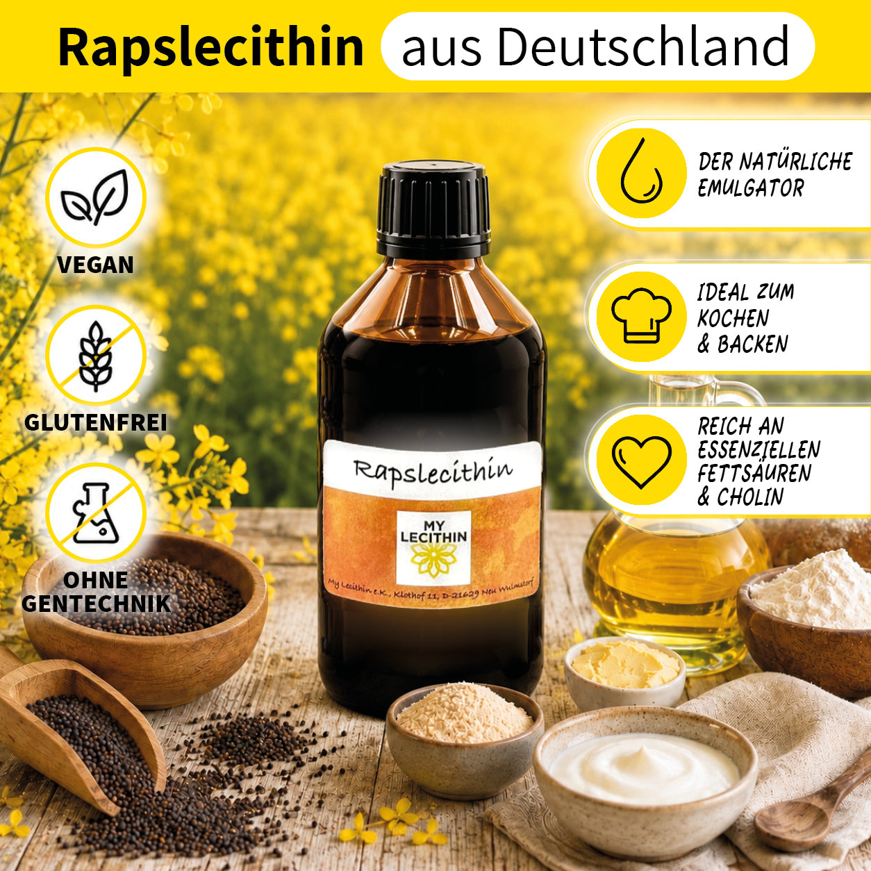 Raps-Lecithin | flüssiges Lecithin | produziert in Deutschland | gentechnikfrei | vegan