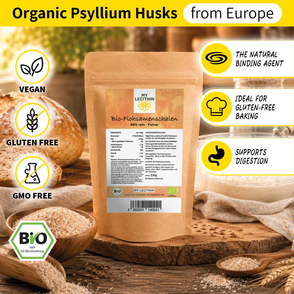 Bio Flohsamenschalen Pulver -  ballaststoffreich, vegan, ohne Zusätze