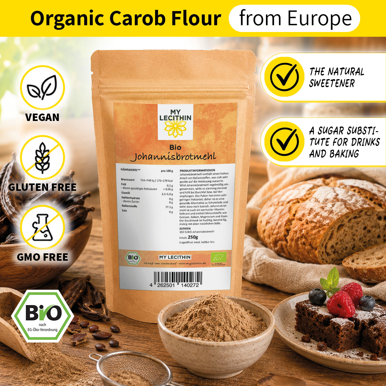 Bio Johannisbrotmehl | Carob Pulver getrocknet + gemahlen | vegan | Carob Mehl
