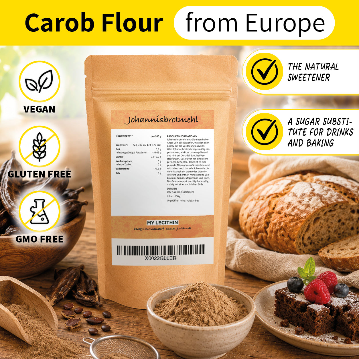 Johannisbrotmehl | Carob Pulver getrocknet + gemahlen | vegan | Carob Mehl