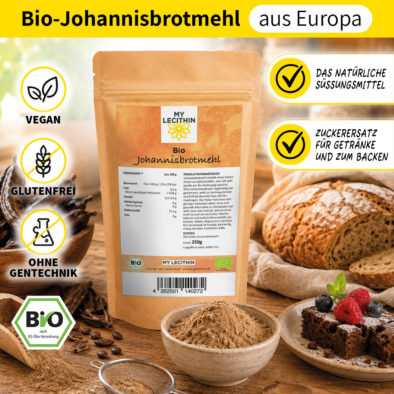 Bio Johannisbrotmehl | Carob Pulver getrocknet + gemahlen | vegan | Carob Mehl