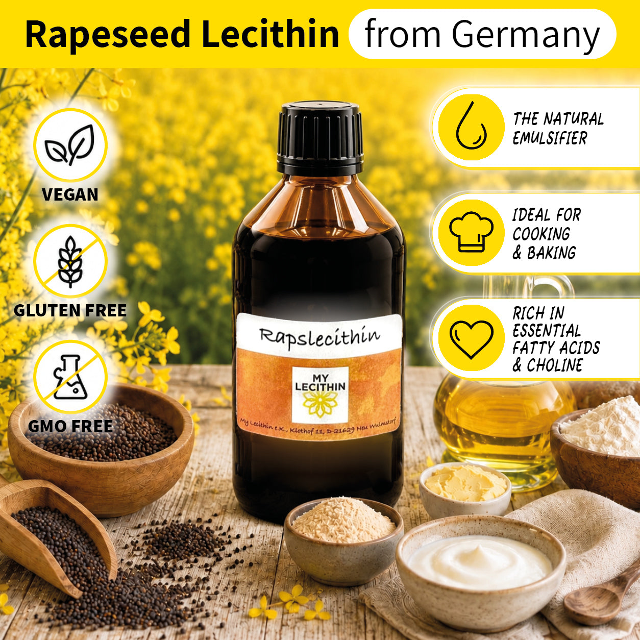 Raps-Lecithin | flüssiges Lecithin | produziert in Deutschland | gentechnikfrei | vegan