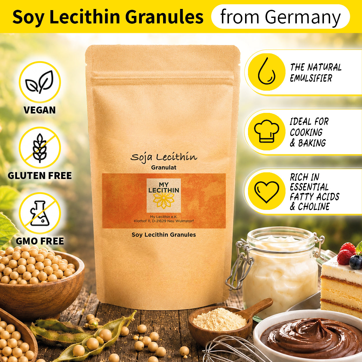 Soy lecithin granules | produced in Germany | GMO-free | vegan