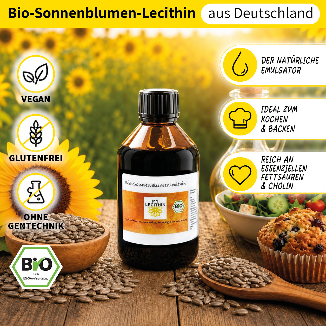 Bio Sonnenblumen-Lecithin | flüssiges Lecithin | hohe Bioverfügbarkeit | Qualität aus Deutschland | vegan
