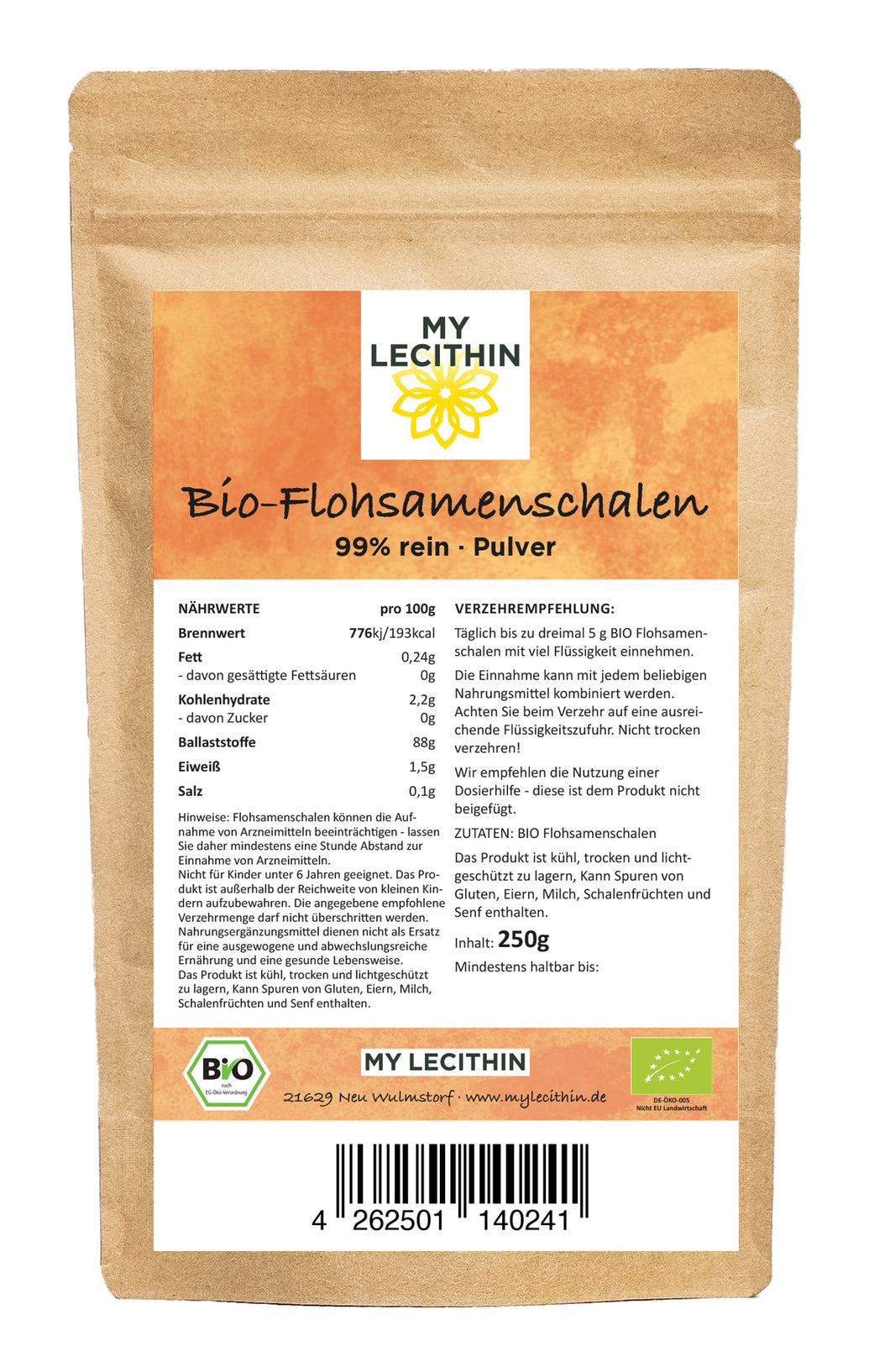 Bio Flohsamenschalen Pulver im Glasbehälter – ballaststoffreich und vegan