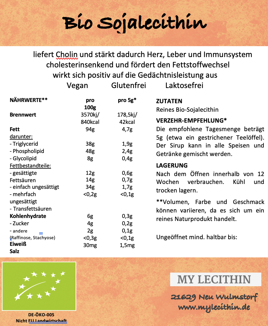 Reines flüssiges Bio Sojalecithin - die perfekte Ergänzung für eine gesunde Ernährung. Hochwertiges Produkt, produziert in Deutschland. Auf dieser Webseite erhältlich.